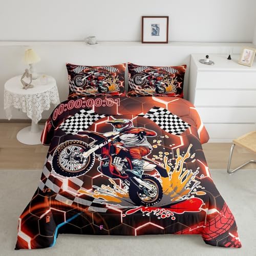 Racing Bedding Set Orange Neon Lights Honeycomb Comforter Set Motorbike Dirt Bike Quilt Geometric Hexagon Moto Extreme Sports Full Size Duvet Insert,Black White Grid Lattice Buffalo Plaid Decor