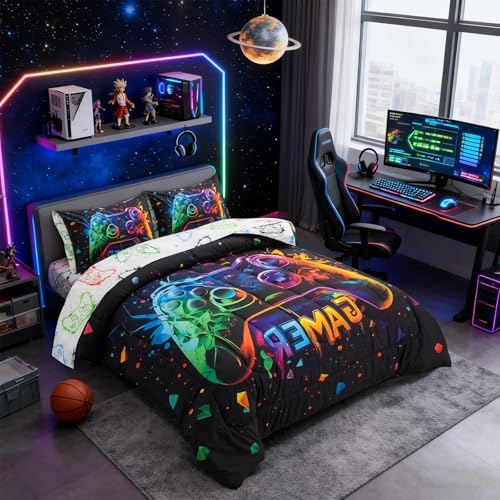 Holawakaka Queen Size Gaming Console Bed in A Bag 5 Pieces for Boys