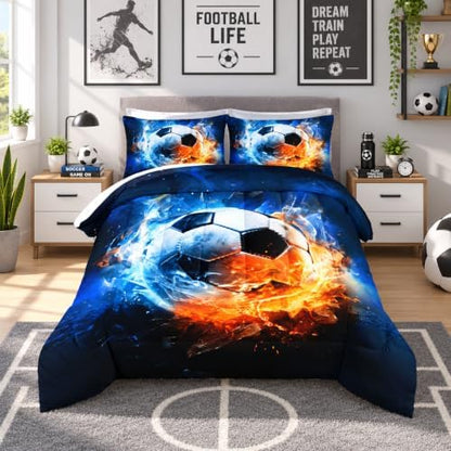 Soccer Bedding Comforter Set Full Size with 2 Pillowcases.