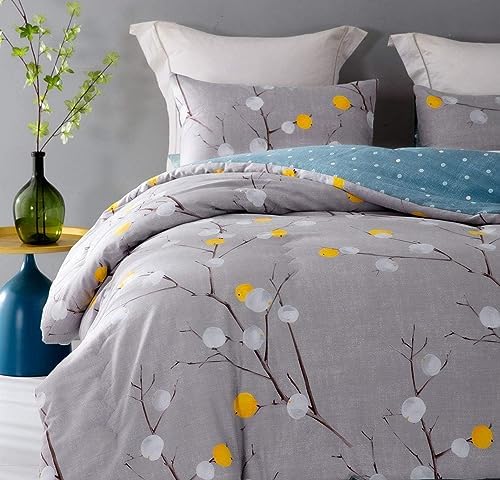 SLEEPBELLA Comforter Twin Size, 600 Thread Count Cotton Grey Branch with Yellow Turquoise Polka Dot Pattern Green Reversible Comforter Set,Down Alternative Bedding Set 2Pcs (Twin, Grey Branch)