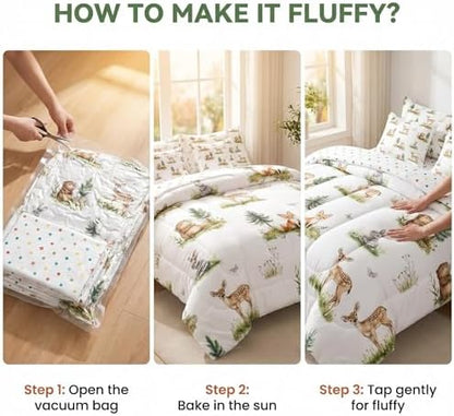 Erosebridal Woodland Wildlife Bed in A Bag with Sheets for Kids Boys Girls Wild Animals King Comforter Set 7 Piece Cartoon Fox Rabbit Beaver Deer Bedding Set Fir Trees Bed Set