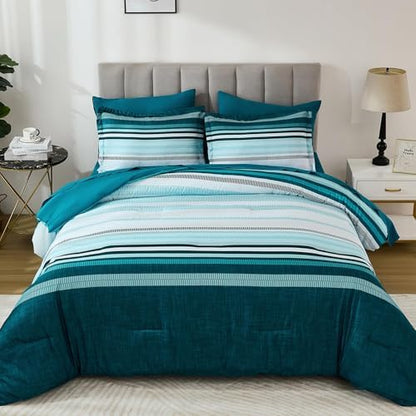 Dobuyly Teal Comforter Set Twin Size Bed in a Bag 5 Piece, Classic Striped Blue Bed Bedding Set with Sheets Soft Microfiber All Season for Teen Boys