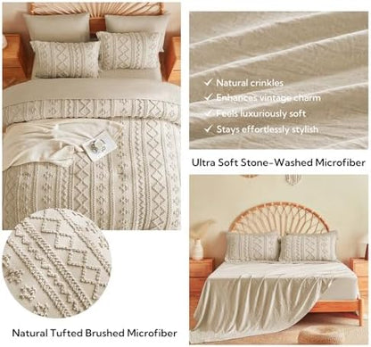 MR&HM Queen Comforter Set 7 Pieces, Fluffy Tufted Boho Beddding Set Linen