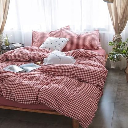 mixinni Red Gingham Comforter Set Queen, Plaid Comforter Set 3 Pieces 1 Red Grid Comfoter with 2 Pillow Cases for All Seasons, Soft Fluffy Modern Grid Pattern Printed Bedding-Queen Size