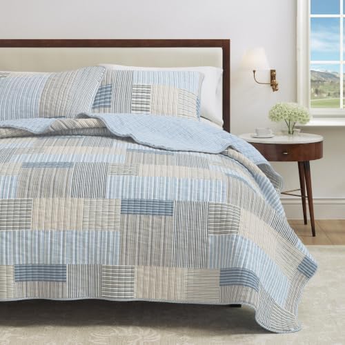 Great Bay Home Striped Quilt Set - 3-Piece Full/Queen Size Patchwork Bedding Set - Lightweight, All-Season, Reversible Bedspread (Blue Stripe Patchwork)