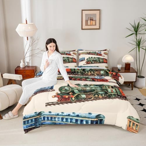 Erosebridal Boys Train Bedding Set King for Home, Vintage Steam Train Comforter Set, Steam Engine Comforter, Transportation Vehicle Quilt with 2 Pillowcases for Kids Teen Men Bedroom, Lightweight