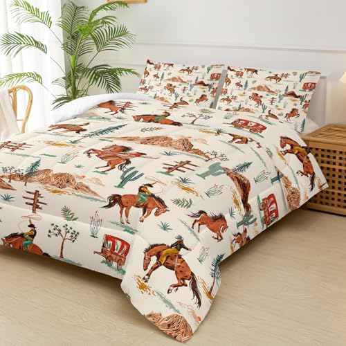 Brown Western Cowboy Comforter Set Full Size for Boys, Vintage Shabby Chic Bedding, Cozy Boho Country Style Bedding for Teen Boys, Rustic Western Themed Bedroom Decor