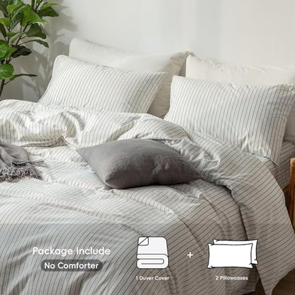 MooMee Striped Duvet Cover Set 100% Washed Cotton Linen Like Queen
