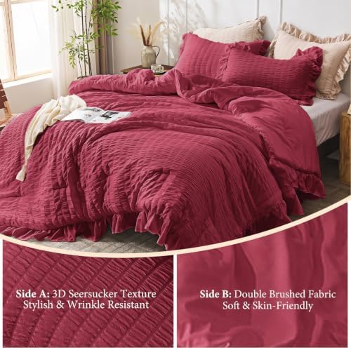 JOLLYVOGUE Burgundy Twin/Twin XL Comforter Set, 2 Pieces Seersucker Lightweight Fluffy Bedding Set, Twin Ruffle Comforter, All Season Soft Microfiber Shabby Chic Bed Set