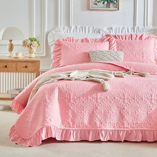 Ruffles Quilt Set Twin Size 68 * 86in - 2 Pieces Solid Shabby Chic Farmhouse Ruffled Bedding Rustic Coverlet Lightweight Fluffy Summer Oversized Bedspread with Shams for Women Men Pink