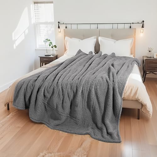 Electric Heated Blanket Queen Size 84"×90" Dual Control, 9 Heating Settings & 1-10Hs Auto Off, Overheat Protect, Double-Sided Plush Sherpa, Couch & Bed, Machine Washable Gifts for Family- Light Gray