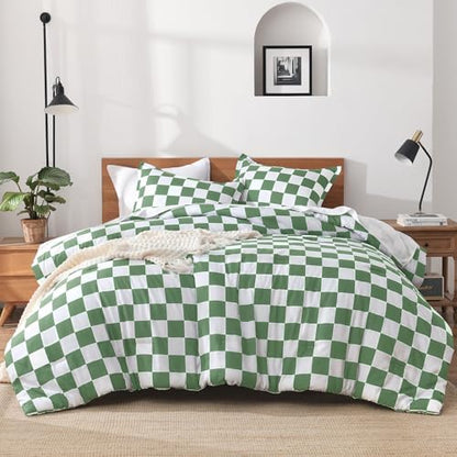 Andency Checkered Comforter Queen, Green White Gingham Plaid Bedding Set