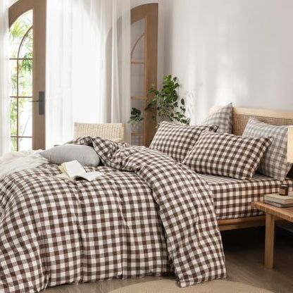 BESTOUCH Gingham Cotton Duvet Cover Set Cocoa Brown Queen