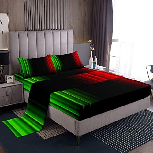 Feelyou Geometric Abstract Ombre Girly Bed Sheets Kids Teens Green Red and Black Striped Sheet Set Decor Modern Fashion Bed Set with 2 Pillowcases 4Pcs Bedding Queen