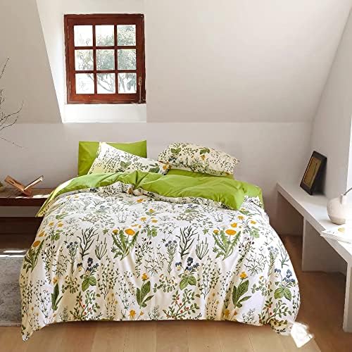 Wellboo Botanical Comforter Sets Full White and Green Floral Bedding Comforters Sage Green Plant Quilts Full Girls Women Cotton Watercolor Flower Quilt Garden Bohemian Bedding Rustic Leaf Blossom Bed