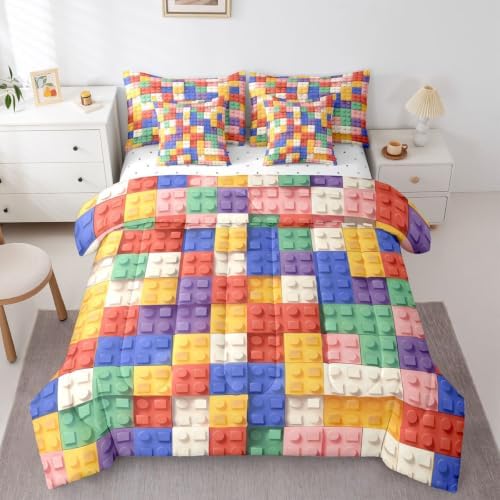 Feelyou Building Block Print 7 Piece Bedding Set King Size Kids Brick Styles Comforter Set with Sheets for Boys Teens Colorful Gaming Bed in a Bag Green Red Yellow Blue Room Decor
