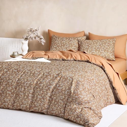 Wake In Cloud - Floral Comforter Set, Cute Vintage Flower Cottagecore Aesthetic for Women Teen Girls, Soft Lightweight Dorm Bedding, 3 Pieces, Rust Brown, Full Size