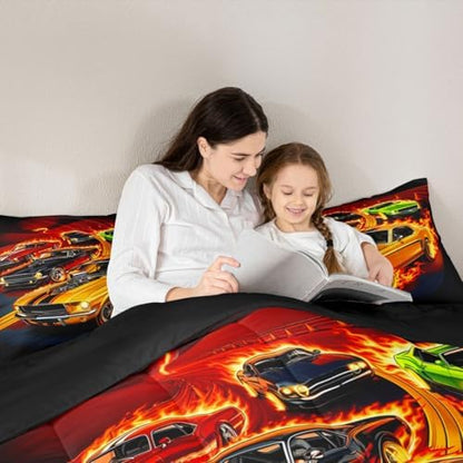 Feelyou Boys Race Car Kids Comforter Set Full Size Speed Sports Car Bedding Set Extreme Sports Duvet Quilt for Kids Boys Girls Bedroom Automobile Decor Microfiber Ultra Soft Breathable