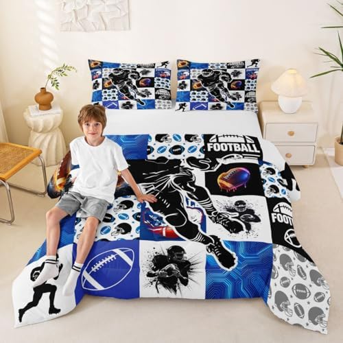 Erosebridal Sports Bedding Sets King - Football Patchwork Comforter Set for Kids Adults Geometric Ball Pattern Duvet Insert Rugby Game Quilt