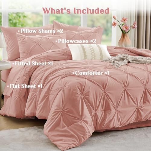 JOLLYVOGUE Full Size Comforter Sets 7 Pieces - Bed in a Bag Full for All Season, Pintuck Bedding Comforter Sets with Comforter, Flat Sheet, Fitted Sheet and Pillowcases & Shams, Rose Brown