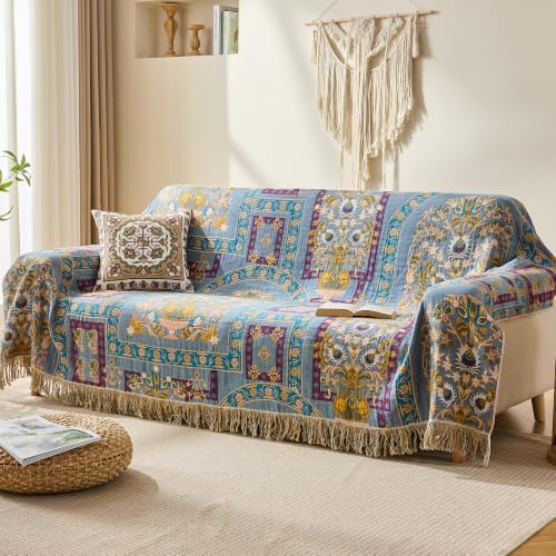 VANJOROY Boho Throw Blanket, 100% Organic Cotton Breathable Skin-Friendly Ultra Soft 80" x 90" Bed Quilt Throw - Floral Rustic Luxury Reversible Blanket for Sofa Couch Chair and Gift,