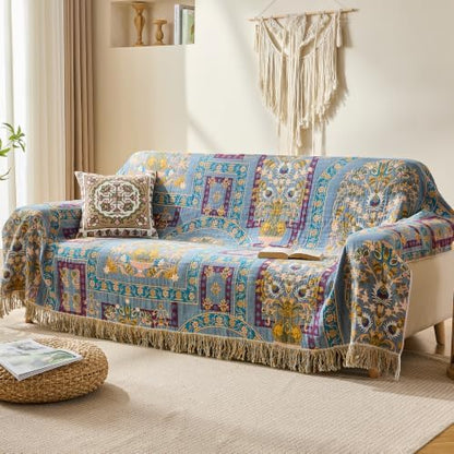 VANJOROY Boho Throw Blanket, 100% Organic Cotton Breathable Skin-Friendly Ultra Soft 80" x 90" Bed Quilt Throw - Floral Rustic Luxury Reversible Blanket for Sofa Couch Chair and Gift,
