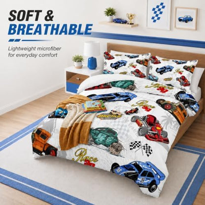 AILONEN Colorful Racing Car Comforter Set Twin Size, Cool Sports Bedding for Kids Boys, Competition Bed in a Bag, Extreme Sports Duvet Set, 1 Quilt 2 Pillowcases, 3 Pcs