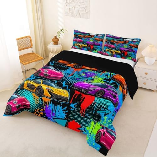 Feelyou Boys Sports Car Comforter Set All Season Speed Race Car Bedding Set with 2 Pillow Cases Racing Extreme Sports Kids Queen Bedclothes Automobile Bedroom Decor Duvet Quilt Breathable Soft