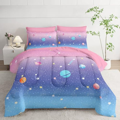 7Pcs Comforter Set Space Planet Multi Color Gradient Printed Bedding Set with 1 Comforter,1 Flat Sheet,1 Fitted Sheet and 4 Pillowcases for Boys and Girls Bedroom All Season(Full)