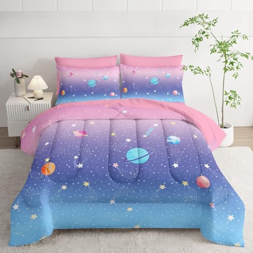 7Pcs Comforter Set Space Planet Multi Color Gradient Printed Bedding Set with 1 Comforter,1 Flat Sheet,1 Fitted Sheet and 4 Pillowcases for Boys and Girls Bedroom All Season(Queen)