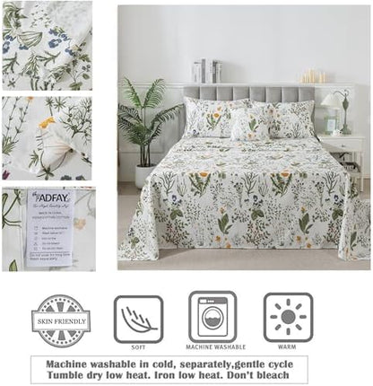 FADFAY 100% Egyptian Cotton Sheets King Botanical Printed Floral Sheets Yellow Flowers & Leaves Pattern Farmhouse Bedding Soft and Breathable French Country Bedding 4Pcs Deep Pocket King Sheet Set
