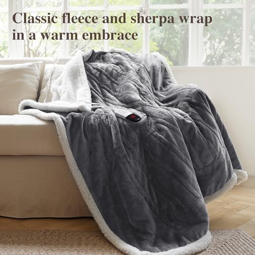 Heated Blanket Twin Size Electric Blanket - Heating Blanket Twin with 6 Heat Levels & 4 Hours Auto-Off, Cozy Soft Fleece Sherpa Blanket, Washable, Fast Heating, 62 x 84 Inches, Grey