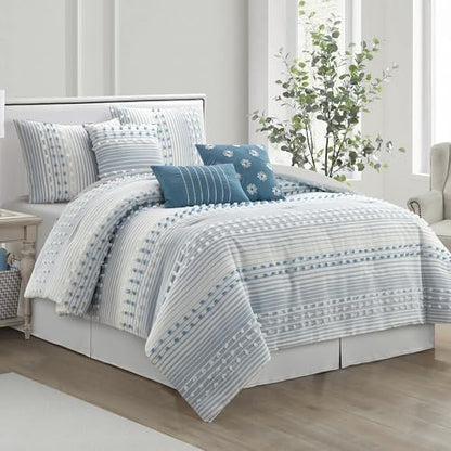 LANCO MODERN LIFESTYLE King Comforter Set, Azure, Jacquard Clip Striped Design, Elegant Soft 7 Pieces Bedding Set for All Seasons, Matching Bedskirt, Pillow Shams and Decor Pillows