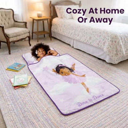 EVERYDAY KIDS Toddler Nap Mat with Removable Pillow - Born to Dance African American Ballerina - Carry Handle with Straps Closure, Rollup Design for Preschool, Daycare, Sleeping Bag - Ages 2-6 Years