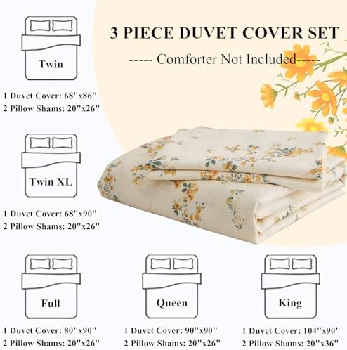 LifeTB Chic Garden Floral Twin XL Soft Cotton Yellow Floral Bedding Sets Cottagecore Botanical Comforter Cover with Zipper Closure