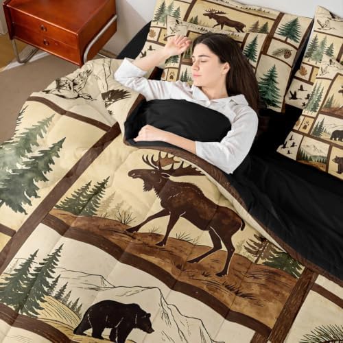 Erosebridal Western Rustic Bear Deer 7-Piece Comforter Set King Boys Men Hunting Duck Bed in a Bag with Flat and Fitted Sheet Country Farmhouse Cabin Bed Set Elk Forest Wildlife Patchwork Quilt Sets