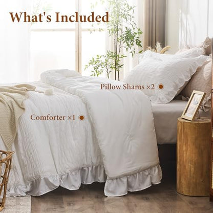 JOLLYVOGUE Oversized King Comforter Set, 3 Pieces White Seersucker Comforters, Lightweight & Fluffy Bedding Sets for All Season with 1 Ruffle Comforter and 2 Ruffle Pillowshams