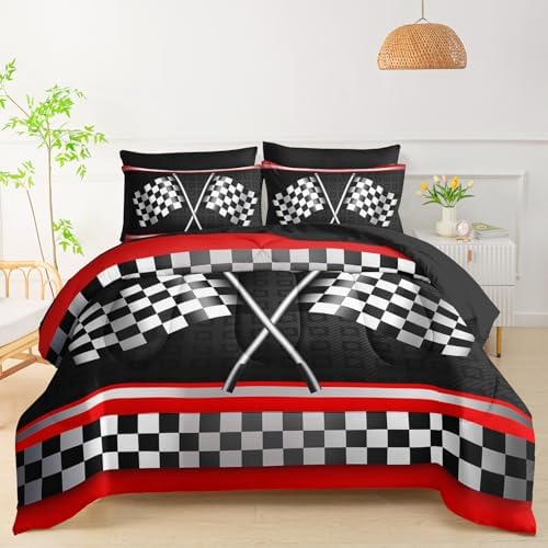 QOOMO Race Car 7 Pieces Comforter Set Queen,Racing Bedding Set for Kids