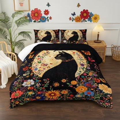 Black Cat Bedding Cartoon Cat Comforter Set Queen，Floral Bedding Queen Size Bed ，with 1 Comforter with 2 Pillow Case