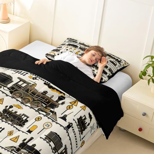 Erosebridal Cartoon Steam Train Kids Comforter Sets Funny Train Full Bedding Set for Boys Girls Retro Transport Vehicle Comforter Set Steampunk Railway Aesthetic Quilt Duvet 3 Pcs