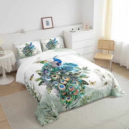 Teens Peacock Comforter Set Queen Size,Butterfly and Floral Bedding Set for Kids Boys Girls Bedroom Decoration,Retro Chinese Style Bed Duvet Insert,Watercolor Feathers Comforter with 2 Pillowcases