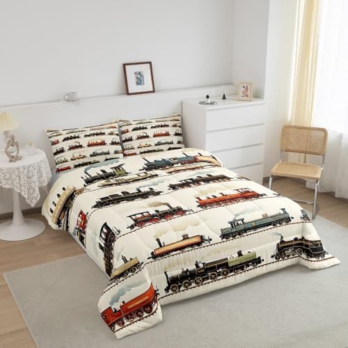 Feelyou Kids Vintage Train Comforter Set King Size Retro Steam Engine Bedding Set Boys Girls Retro Steam Locomotive Train Quilt Set Vehicle Train Bed Set