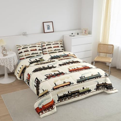 Feelyou Kids Vintage Train Comforter Set King Size Retro Steam Engine Bedding Set Boys Girls Retro Steam Locomotive Train Quilt Set Vehicle Train Bed Set