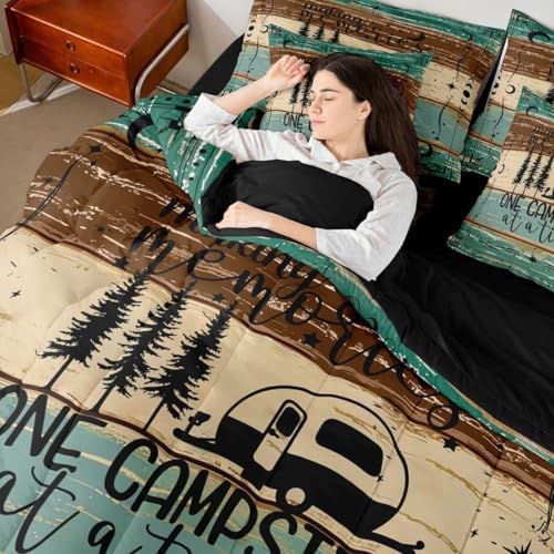 Erosebridal Camper Decor 7 Piece King Bed Set - Includes Comforter & Sheet Set Happy Camping Bedding - Rustic Farmhouse Vintage Wooden Door Bedding Comforter Sets for Kids Teens Adult, Green Brown