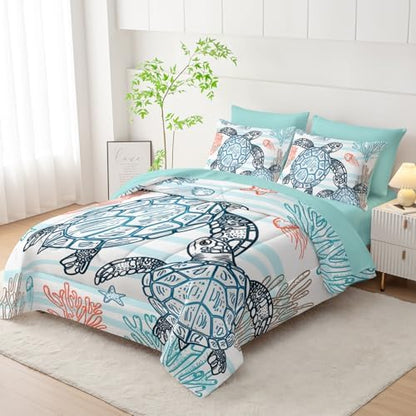 HOSIMA 7Pcs Sea Turtle Comforter Set King Size for Boys Coastal Bedding.