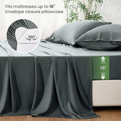 Love's cabin 3 Piece Twin Sheet Set, 100% Rayon Derived from Bamboo, Cooling & Breathable, Soft Silky Deep Pocket up to 16", Hotel Luxury Bedding for Hot Sleepers, Dark Grey