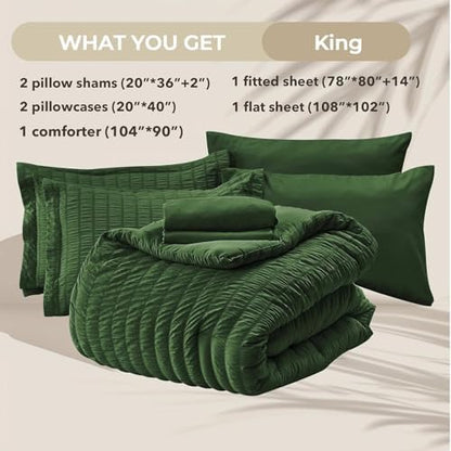 HYMOKEGE Dark Green King Size Comforter Set Seersucker 7 Pieces, All Season Luxury Bed in a Bag for Bedroom, Bedding Set with Comforters, Sheets, Pillowcases & Shams