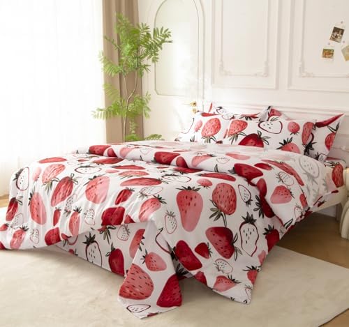 SDY 7PCS Strawberry Comforter and Sheet Set Queen Size, Cute Kawaii Pink Bedding Set for Girls, Kids Includes 1*Comforter,1* Flat Sheet, 1*Fitted Sheet,2*Pillowcases and 2*PillowcaseShams