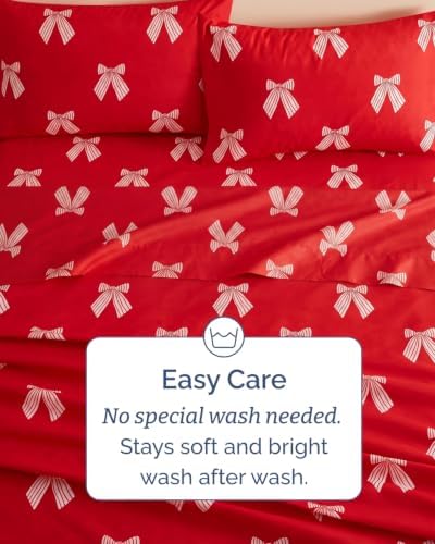 Christmas Sheet Set, Red Ribbon Bows, Holiday Xmas Bedding Set - Queen Size