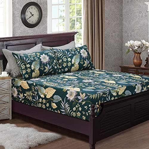 FADFAY Sheets Set King Teal Elegant Floral Bedding Tropical Plam Leave Sunflower Bedding 800 Thread Count Luxury Summer Sheets 100% Egyptian Cotton Deep Pocket Bed Sheets Set, 4 Pieces-King Size